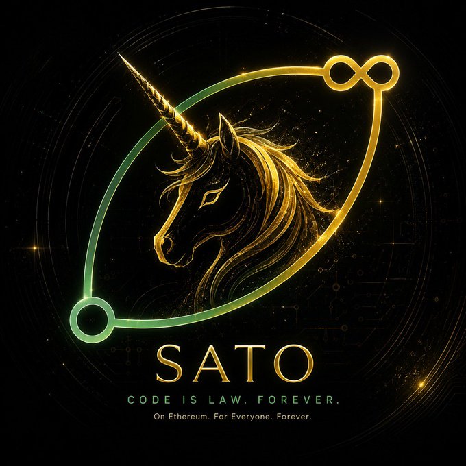 The image features a logo for a company named Sato. The logo consists of an illustration of a unicorn with a green horn, surrounded by a golden ring that has two green circles within it. Below the unicorn, there are two lines of text in white font that read "Code is law to rever." and "$SATO is a bet on the future of Uniswap v4. Looking $SATO Hook V4 summer Comingsoon Eth: 0x829f4B62EEBE12Af653b4dD4fFc480966F7d7f09 Small cap. Strong narrative." The image is accompanied by a caption that reads "On eth, for everyone, Forever.", which further emphasizes the connection between the unicorn and the code within the golden ring.