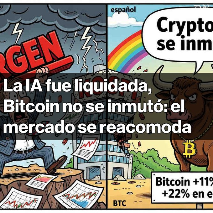 The image shows a split-panel cartoon depicting market turmoil on the left (a distressed figure amid crashing charts labeled "N GEN") contrasted with a calm bullish Bitcoin mascot on the right under a rainbow, with text in Spanish stating "La IA fue liquidada, Bitcoin no se inmutó: el mercado se reacomoda" alongside Bitcoin's gains of +11% and Ethereum's +22%—visually reinforcing the post's narrative that AI-related markets suffered massive liquidations while crypto remained resilient.