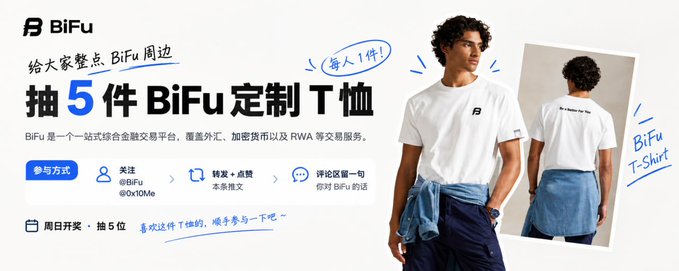 Promotional banner for BiFu giveaway of 5 custom BiFu T-shirts, featuring a model wearing a white BiFu branded T-shirt, with instructions in Chinese for participation.