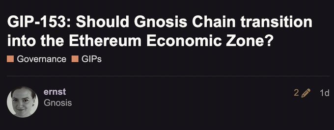 A forum post titled 'GIP-153: Should Gnosis Chain transition into the Ethereum Economic Zone?' tagged with Governance and GIPs, posted by user 'ernst' from Gnosis.