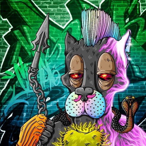 A colorful cartoon-style illustration of a dark cat with a mohawk, glowing red eyes, holding a spear, with a cobra beside it against a graffiti-covered brick wall background.