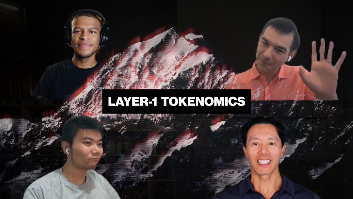 A composite image with the text 'LAYER-1 TOKENOMICS' featuring four men in a video call layout against a pixelated mountain background.