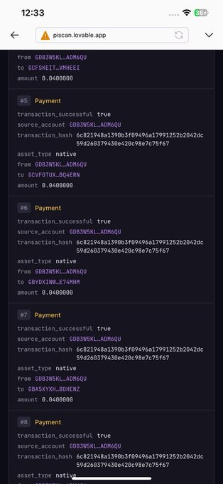 Screenshot from piscan.lovable.app showing Stellar transaction #6c82194...75f67 with 30 bundled "Payment" operations, each sending 0.040000 native Pi (GDB3W5KL_ADMGQU) to different destination accounts like GCYF...QQ4ERN, GDYDXM_E74HWN, and GBASXYM_BDHENZ, confirming the batch payout described in the post.
