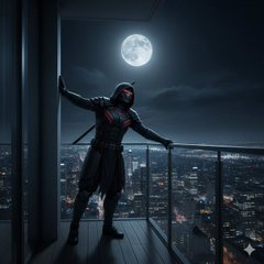 A masked figure in a dark suit with red accents stands on a high-rise balcony at night, arms outstretched against a full moon with a sprawling city skyline below.