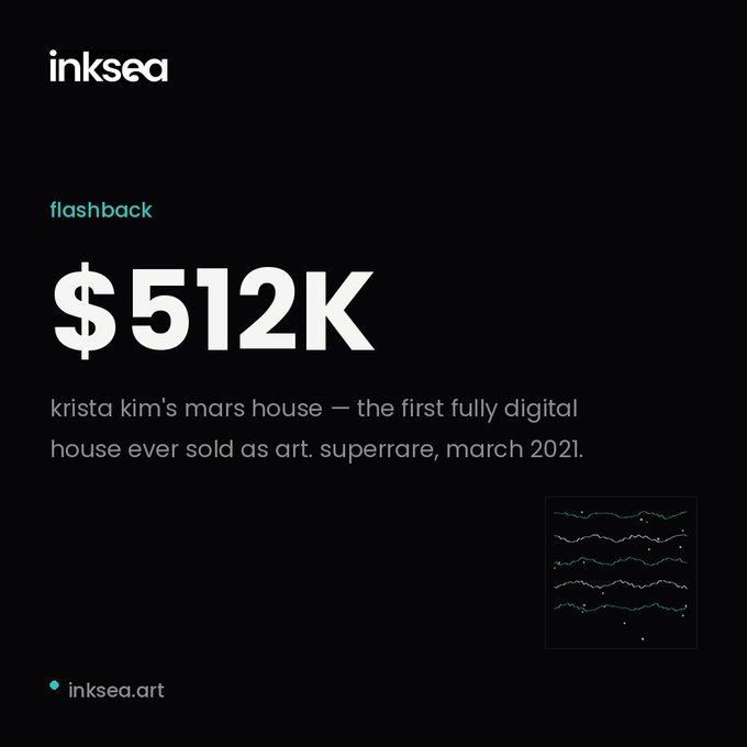 An inksea flashback graphic highlighting '$512K' for 'krista kim's mars house — the first fully digital house ever sold as art. superrare, march 2021.'