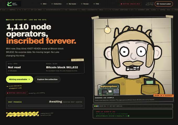 The KNOT HEADS website displays '1,110 node operators, inscribed forever,' referencing Bitcoin block 901,632 and revealing Luke's face. The page shows 'Minting unavailable' and features a cartoon illustration of Luke with a Bitcoin block above his head.
