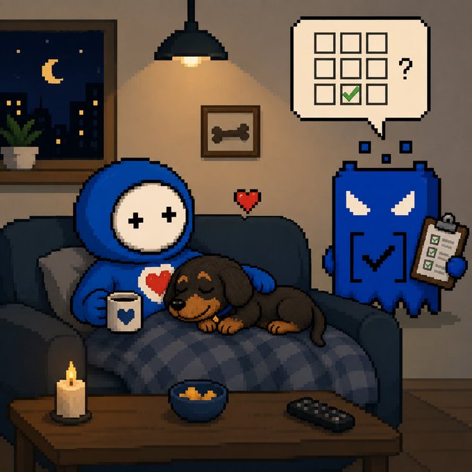 A pixel-art scene shows a blue-hooded character (Nabot) relaxing on a couch with a sleeping dachshund (Bodza) curled against a heart pillow, while a blue ghost-like CAPTCHA figure points to a checklist and questions "?" in a thought bubble. A cozy nighttime setting with a lit candle, snacks on the coffee table, and a heart symbol floating above completes the warm, humorous mood of the post's tale about quiet evening companionship earning CAPTCHA verification.