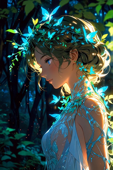 An anime-style illustration shows a young woman with blue eyes in profile, adorned with glowing blue butterflies and green foliage woven into her hair and dress against a dark forest background.
