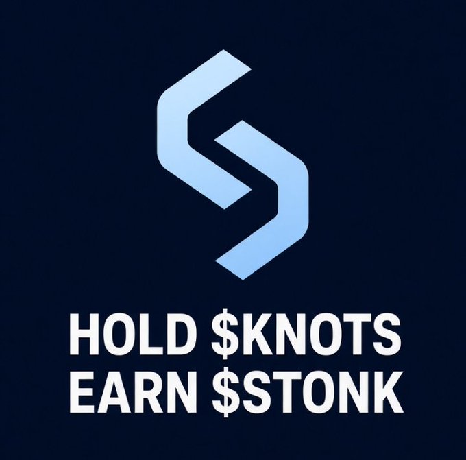 A dark blue image showing a stylized 'S' logo with the text 'HOLD $KNOTS EARN $STONK' in white capital letters.