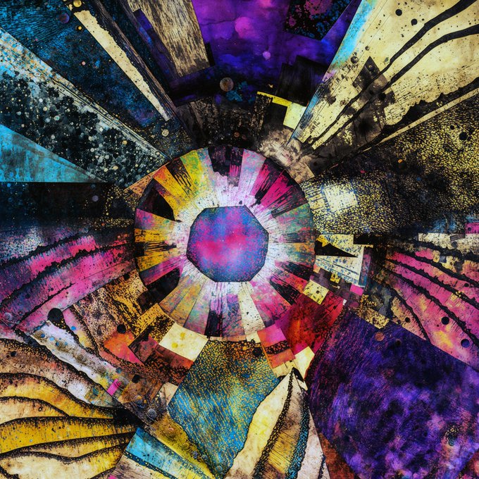 A vibrant, kaleidoscopic abstract artwork with a central circular burst of pink, yellow, and purple radiating outward against textured dark backgrounds.