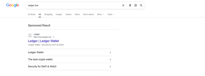 A Google search results page for "ledger live" displaying a sponsored ad for "Ledger | Ledger Wallet" at ledger.com, promoting the best crypto wallet for DeFi and Web3.