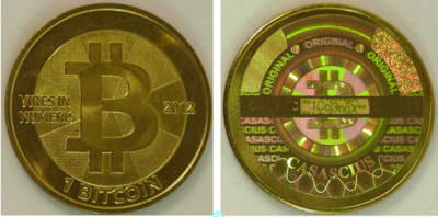 A physical gold-colored Casascius Bitcoin coin from 2012 is shown on both sides, featuring the iconic "B" symbol on the obverse and a holographic sticker over the private key on the reverse, representing one of the early forms of tangible bitcoin storage. The image relates to the post's humorous concern about trusting individual coin manufacturers like "Mike Caldwell" (known as "Mike" in Bitcoin circles) with private key generation, as Casascius coins were personally assembled by him in Utah.
