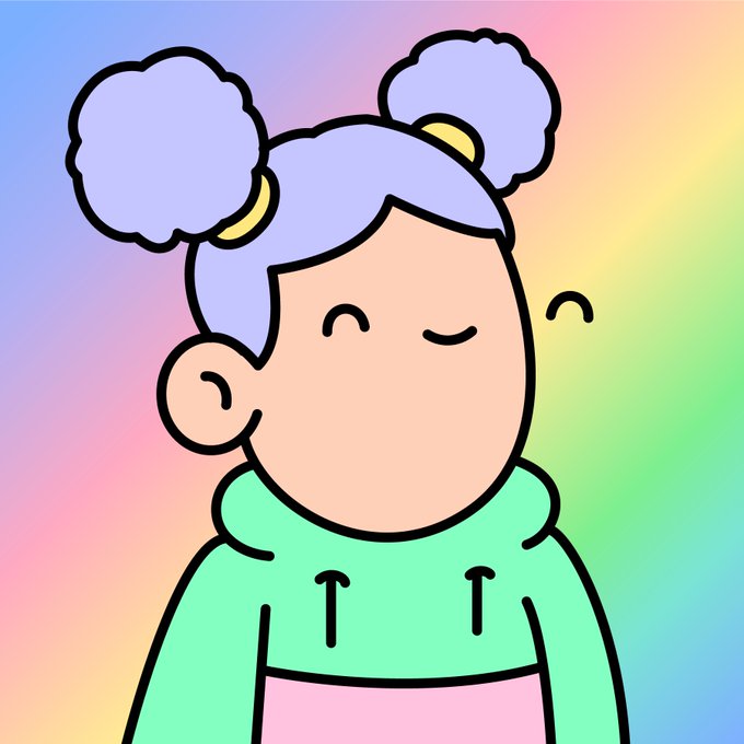 A digital cartoon illustration of a girl with purple hair styled in two buns with yellow hair ties, wearing a green and pink hoodie, smiling with her eyes closed against a colorful pastel gradient background.