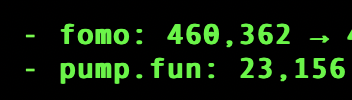 A dark terminal screen displaying green text showing metrics including 'fomo: 460,362' and 'pump.fun: 23,156'.