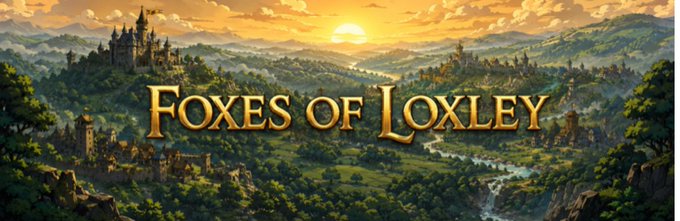 A panoramic fantasy landscape at sunset features medieval castles, rolling hills, and lush forests, overlaid with the golden title "Foxes of Loxley" — directly promoting the medieval outlaw MMO mentioned in the giveaway post.