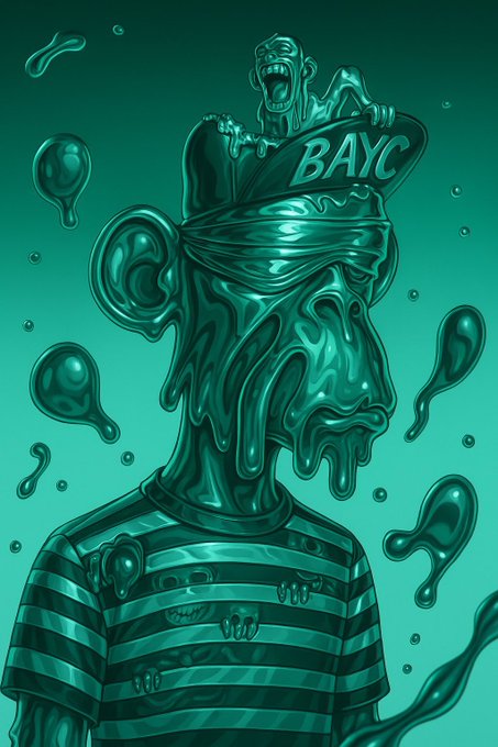 A green-toned digital illustration of a Bored Ape Yacht Club (BAYC) NFT character wearing a captain's hat with 'BAYC' text and a striped shirt, surrounded by dripping slime.