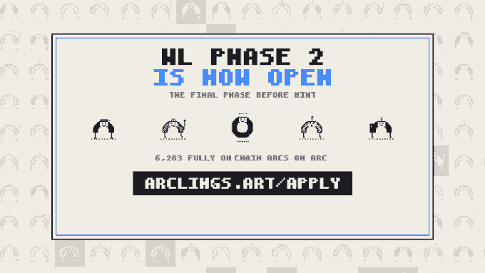 A pixel-art promotional banner reads “HL PHASE 2,” “15 HOH OPEN,” “THE FINAL PHASE BEFORE MINT,” and “6,283 FULLY ON CHAIN ABCS ON ARC,” with “ARCLINGS.ART/APPLY” prominently displayed.