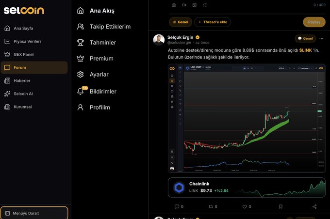 A screenshot from Selcoin's forum shows a post by Selçuk Ergin (@selcukergin) featuring a LINK/USDT trading chart on GEX, with the text "Autoline destek/direnç moduna göre 8.89$ sonrasında önü açıldı SLINK'in. Bulutun üzerinde sağlıklı şekilde ilerliyor," illustrating that Chainlink (LINK), currently at $9.73 (+2.84), is gaining upward momentum as mentioned in the post.