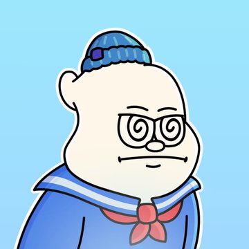 A cartoon illustration shows a light-colored, bespectacled character wearing a blue knit beanie and a sailor-style blue outfit with a red neckerchief, set against a solid light blue background. The whimsical character pairs with the caption "Nibble Nibble Nibble… Two more!" to evoke a playful, snack-hungry vibe.