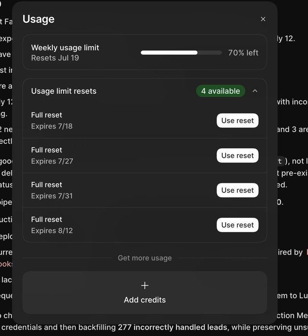 The image shows a "Usage" panel displaying a weekly usage limit at 70% left (resetting July 19), with four available "Full reset" options expiring 7/18, 7/27, 7/31, and 8/12, along with an "Add credits" button at the bottom. This visually supports the Codex user point by demonstrating the big weekly limits and four usage limit resets mentioned in the post, contrasting it with the Claude user's more limited experience.