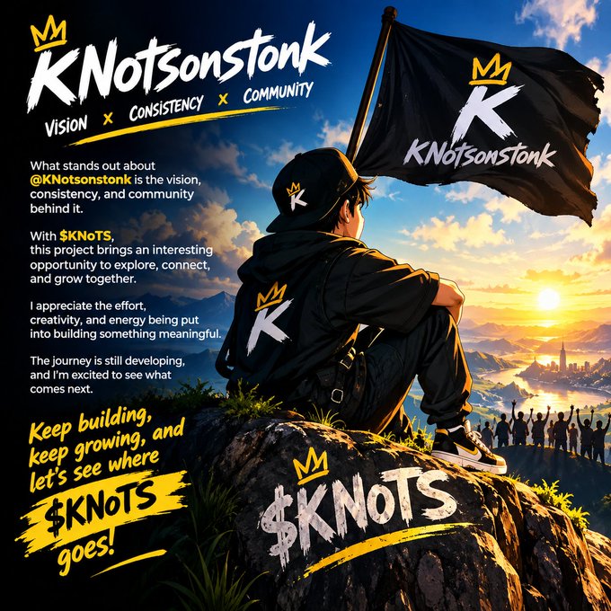 Promotional graphic for '$KNOTS' or 'KNotsonstonk' featuring a character sitting on a rocky peak with a flag, emphasizing 'Vision x Consistency x Community'.