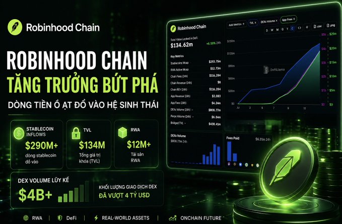 An infographic about Robinhood Chain's growth, featuring Vietnamese text and displaying metrics like STABLECOIN INFLOWS $290M+, TVL $134M, RWA $12M+, and DEX VOLUME over $4B, with a chart and a glowing green coin.