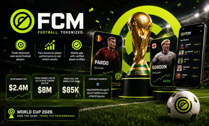 The image features a poster for an innovative project called FCM, which stands for Football Trading Crowdmeddled on Solaris. The focus of this project seems to be around the World Cup and involves players trading tokens related to the event. In addition to the player token, there are also three smartphones included in the display - two at the bottom left corner and one larger at the top right corner. These phones have logos for FCM on them and are likely being used by users to engage with the project or connect it to other platforms. The image is predominantly green, adding a professional touch to the overall presentation of the FCM brand.