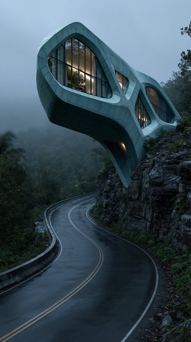 A futuristic, teal-colored architectural structure with curved organic lines and illuminated windows extends dramatically from a rocky cliff, hovering above a winding, rain-slick road that curves through a misty, forested landscape at dusk.
