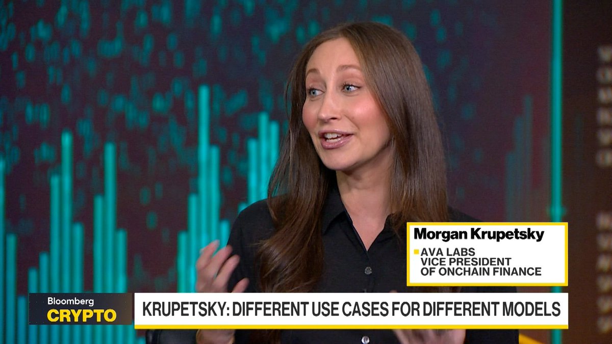 A Bloomberg Crypto interview with on-screen text identifying the speaker as 'Morgan Krupetsky, AVA LABS VICE PRESIDENT OF ONCHAIN FINANCE' with the headline 'KRUPETSKY: DIFFERENT USE CASES FOR DIFFERENT MODELS'.