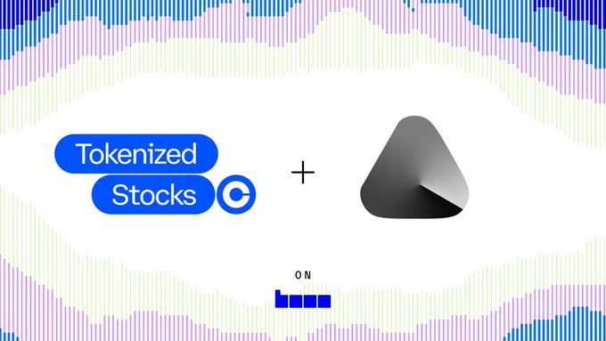 The image features "Tokenized Stocks" by Coinbase alongside the Avici logo, connected by a plus sign and the word "ON," visually announcing Coinbase's Tokenized Stocks feature now being accessible through Avici on the Base network, though limited to eligible regions excluding the U.S., UK, and other restricted jurisdictions.