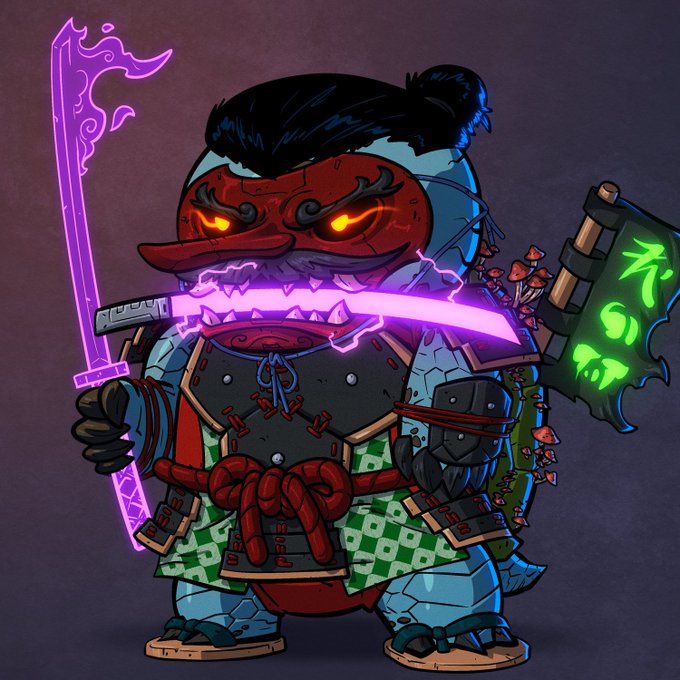 The image features a cartoon character dressed as a medieval knight, holding a sword with a purple handle and a shield. The character has a red mask and a green banner that says "first time minting on @hedera got a pretty sick looking @TimelessTurts". The background is dark purple, which contrasts with the colorful and detailed character design.