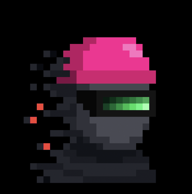 Pixel art depiction of a dark, shadowy figure wearing a pink beanie and a green digital visor, with red pixels scattering from its left side.