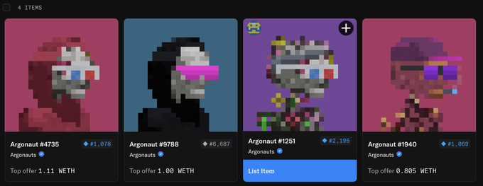 A dark-themed digital interface displaying four NFT items for sale, each titled "Argonaut" with different numbers (#4735, #9788, #1251, #1940) and pixelated, glitch-art style character portraits, showing top offers in WETH.