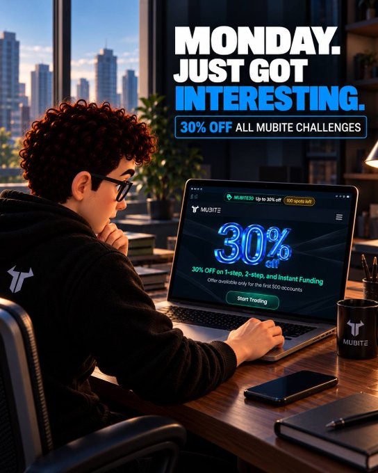 A promotional advertisement for Mubite showing a young person at a laptop in an office with a city view, advertising 'MONDAY JUST GOT INTERESTING' with 30% OFF all Mubite challenges, including 1-step and 2-step challenges and instant funding up to 500 accounts.