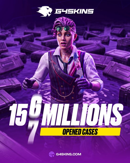 A promotional image for 'G4SKINS' featuring a 3D-rendered character with purple hair and goggles surrounded by purple cases, advertising '156 MILLIONS OPENED CASES' at 'G4SKINS.COM'.