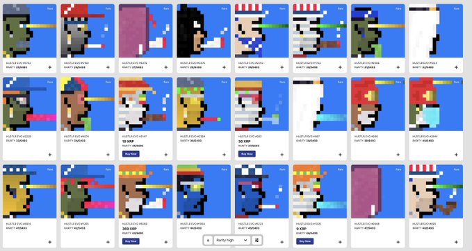 A grid of pixel art NFT collectibles from the 'Nuxt Evo World' collection, featuring various cartoon characters priced at '9,980' ETH.