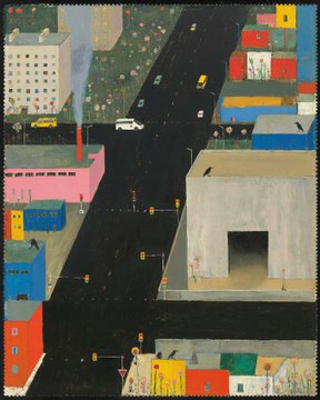 A colorful illustration in a folk art or naive painting style depicting an urban street scene with geometric buildings in pink, yellow, blue, and red.