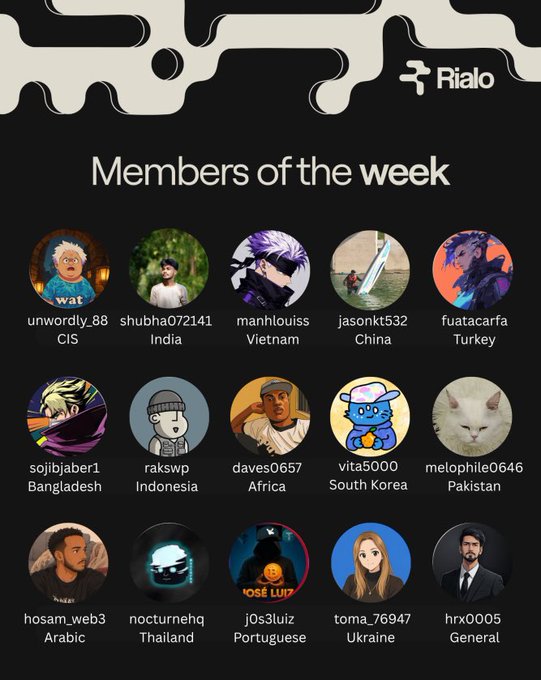 'Members of the week' graphic from Rialo featuring profile pictures and usernames of 15 community members from various countries including CIS, India, Vietnam, China, Turkey, and others.