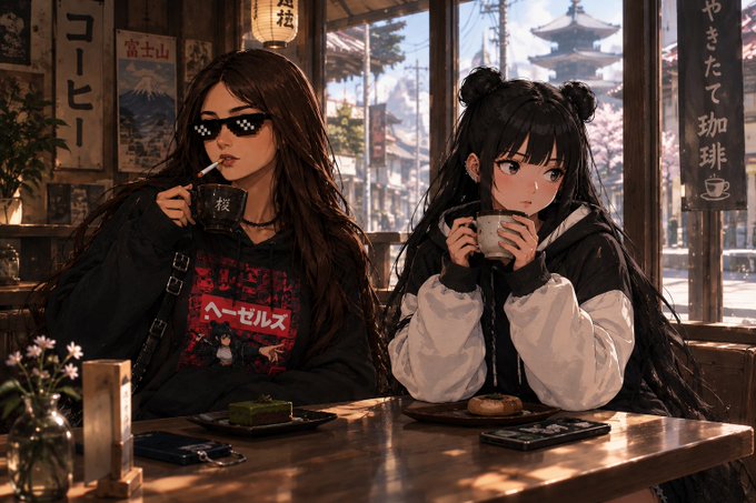 Anime-style illustration of two girls with long black hair sitting in a café, one wearing pixel sunglasses and the other with bear-ear buns, drinking from bowls marked with Japanese characters, with Japanese signs and a pagoda visible outside.