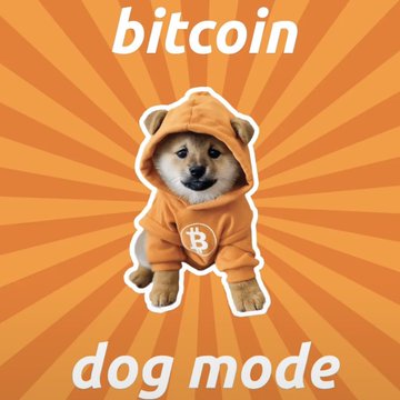A graphic featuring the same Shiba Inu puppy in the orange Bitcoin hoodie, with 'bitcoin' text at the top and 'dog mode' text at the bottom against an orange sunburst background.