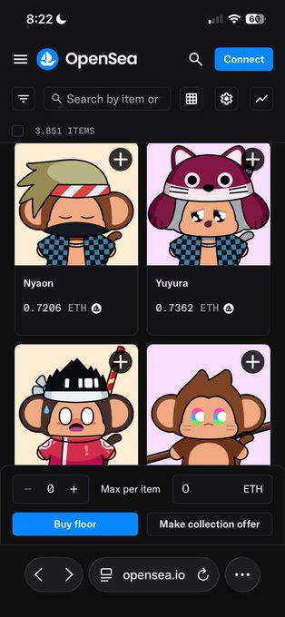 An OpenSea mobile interface showing an NFT collection of monkey-like characters (Nyaon, Yuyura, etc.) priced in ETH with options to "Buy floor" or "Make collection offer."