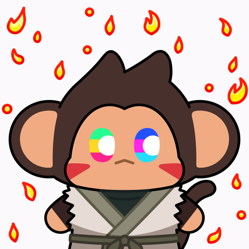 A cartoon monkey with dark brown fur wearing a martial arts-style robe, surrounded by animated flames, features large colorful anime-style eyes with rainbow highlights and a neutral expression.