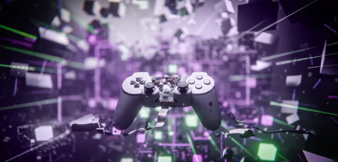 A stylized image of a white PlayStation-style game controller surrounded by floating digital fragments and green and purple light streaks against a dark background.