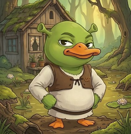 The image features a cartoon duck standing in front of a house with a window. The duck has an evil look on its face as if it's angry or upset about something. The background includes trees, flowers, and other elements that create a forest-like setting for the scene.