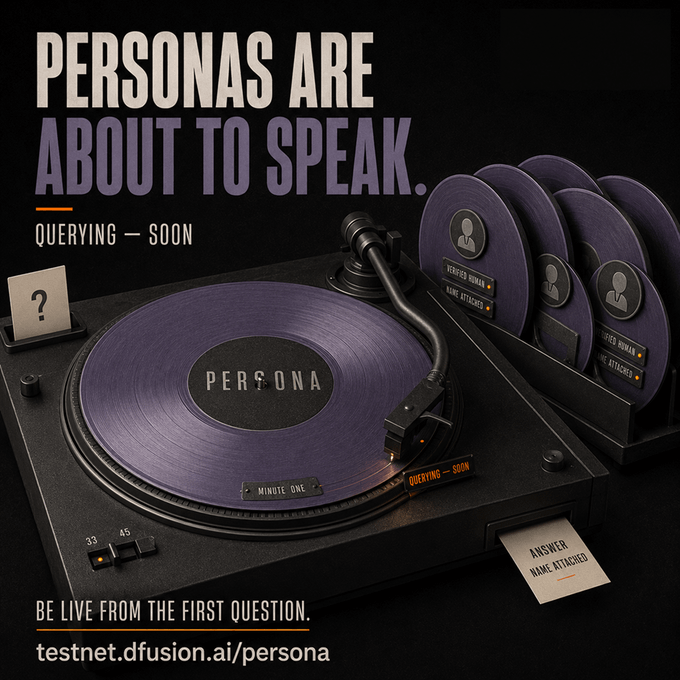 A promotional graphic reads 'PERSONAS ARE ABOUT TO SPEAK. QUERYING - SOON' featuring a turntable with a 'PERSONA' record, with text 'BE LIVE FROM THE FIRST QUESTION' and 'testnet.dfusion.ai/persona' at the bottom.