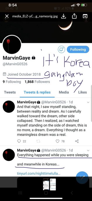 A screenshot of a Twitter/X profile for 'MarvinGaye' (@MarvinG0526) with handwritten text 'It's Korea GangNam boy' and tweets discussing a dream experience and mentioning 'meanwhile in Korea...'.