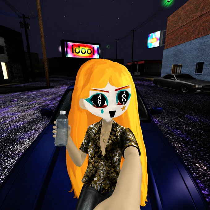 A 3D rendered scene shows a stylized anime-like character with long orange hair and large expressive eyes holding a water bottle, standing in front of a car on a purple-hued street at night with neon billboards displaying 'idoo'.