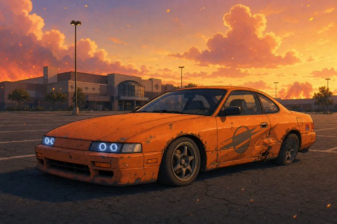 A weathered orange coupe with circular halo headlights is parked in a lot against a backdrop of a sunset and a large building.