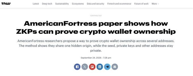 A TNW (The Next Web) article headline reading 'AmericanFortress paper shows how ZKPs can prove crypto wallet ownership,' dated September 24, 2026.