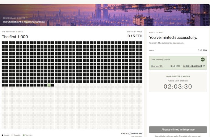 A screenshot of the QQL minting website displays "The first 1,000" whitelisted mint, priced at 0.15 ETH, with a success message confirming a charter (#494) was minted to address 0x4eb1d...e88edd. A countdown timer reads "02:03:30" until the public mint opens, aligning with the post's excitement about the two-hour wait until public sale begins.